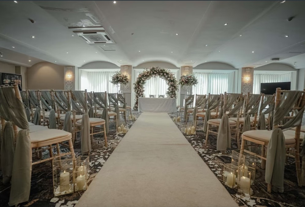 The ceremony suite at Park Hall, set for a wedding